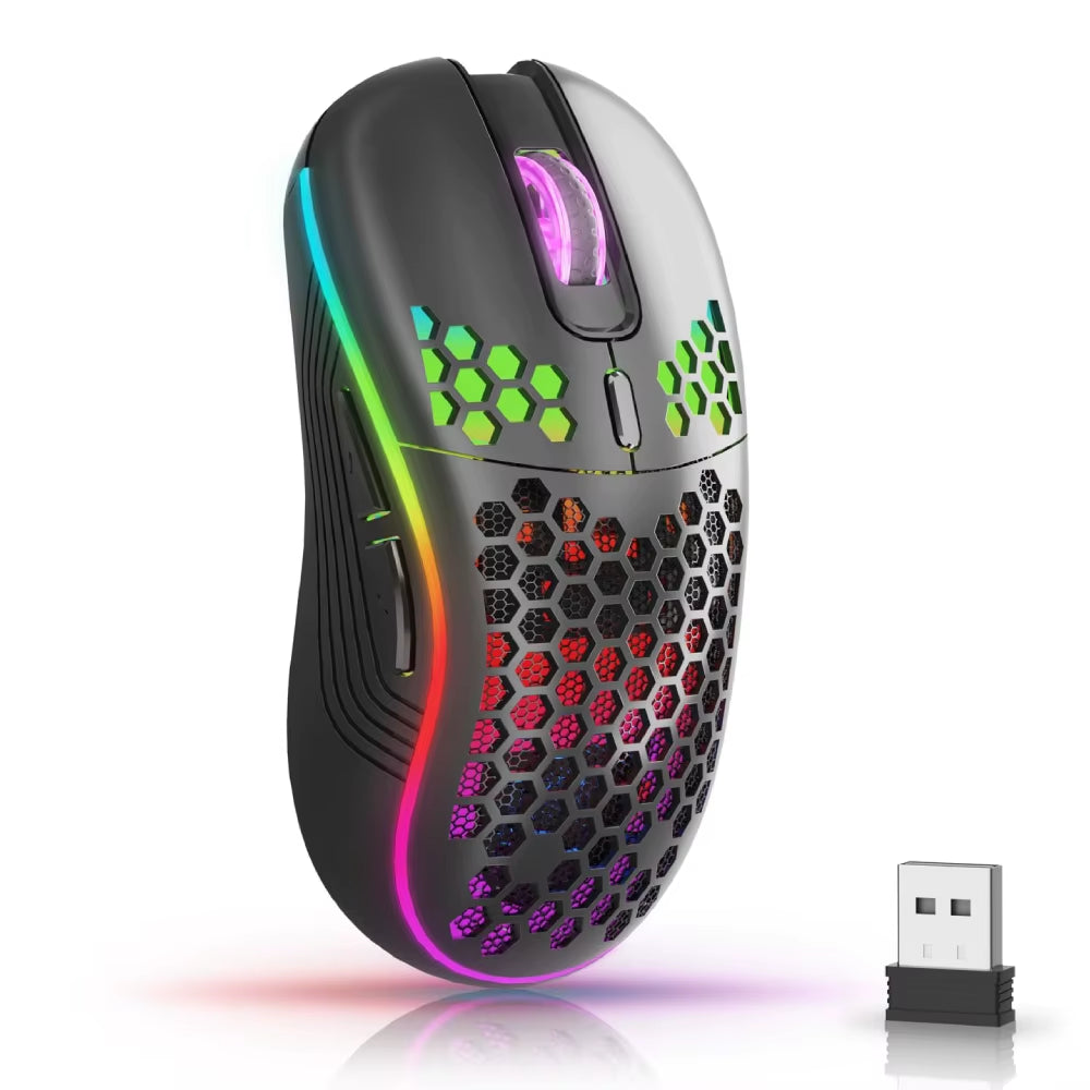 RGB Wireless Gaming Mouse - Ergonomic Honeycomb Design, 6 Buttons, 3-Speed DPI, Type C Rechargeable