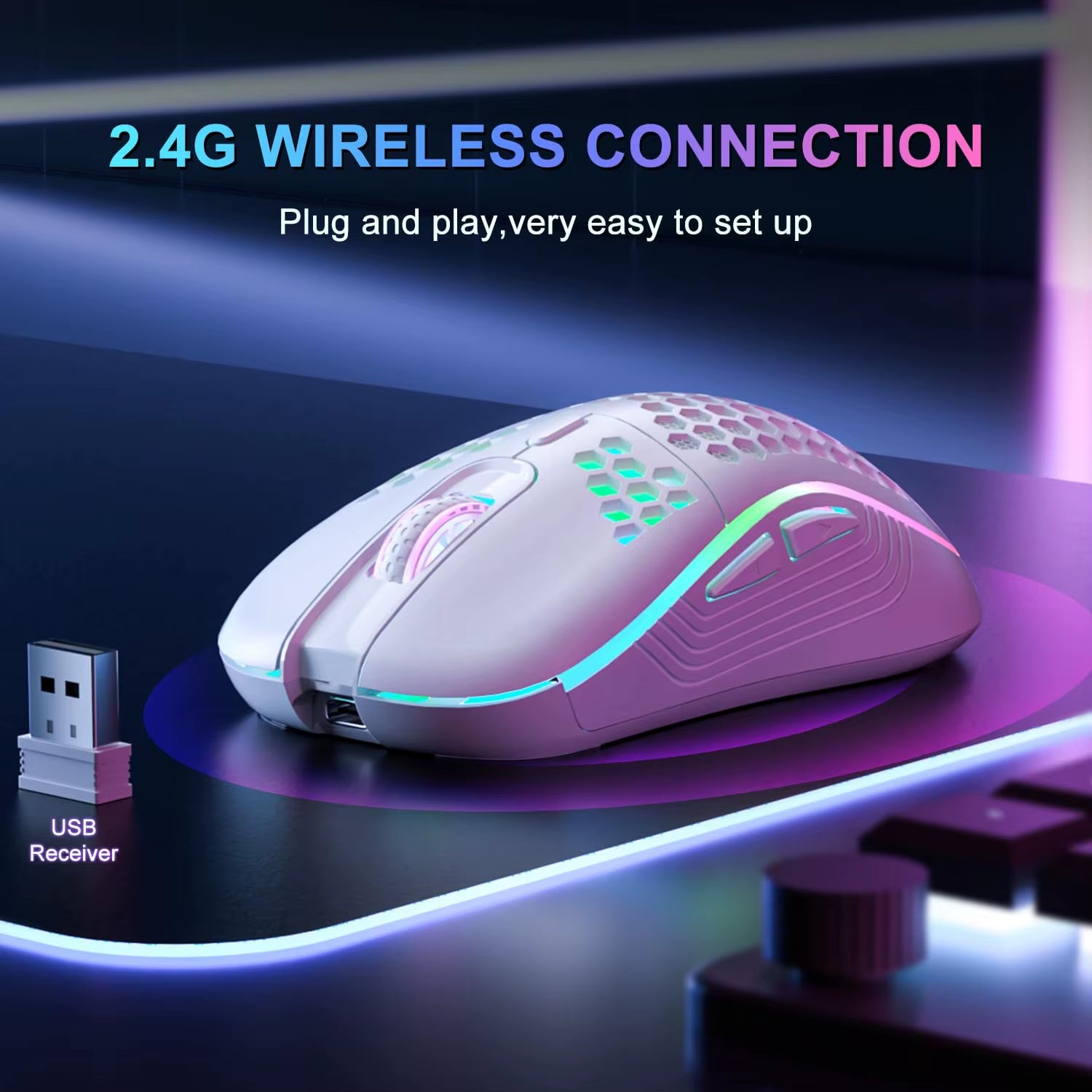 RGB Wireless Gaming Mouse - Ergonomic Honeycomb Design, 6 Buttons, 3-Speed DPI, Type C Rechargeable